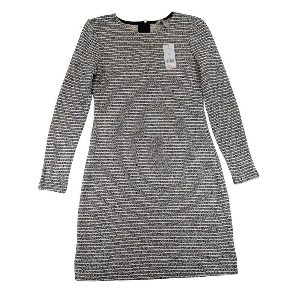 Banana Republic Womens 2 Petite Striped Knit Shift Dress Long Sleeve Black White